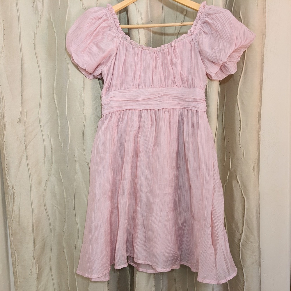 Pink Crinkle Babydoll Mini Dress S Puff Sleeve Coquette Cottagecore Romantic